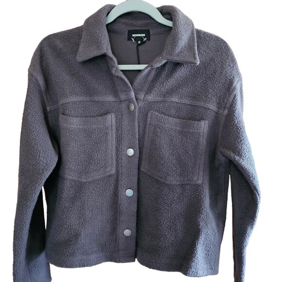 Monrow Teddy Fleece Cropped Trucker Jacket Size XS Button Down Faded Black - Picture 1 of 5